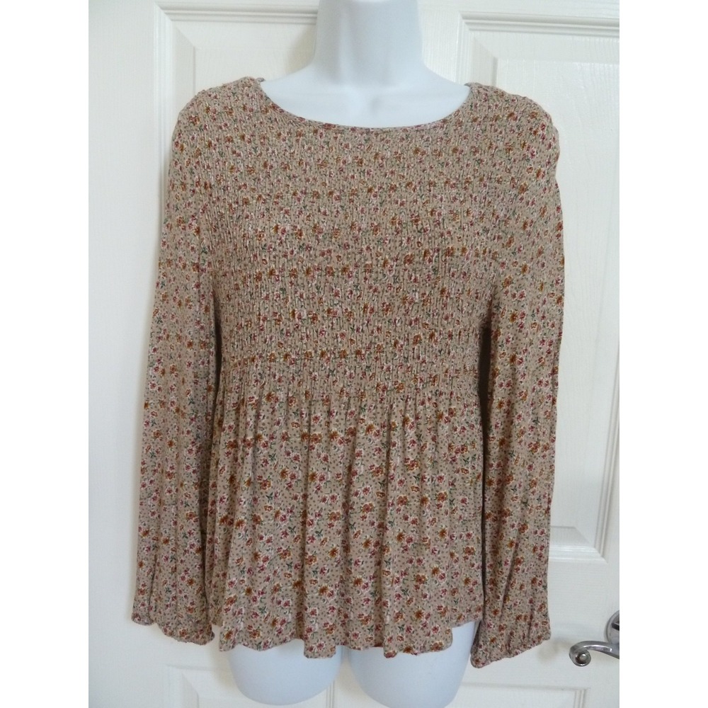 Urban Romantics Floral Smocked Long Sleeve Blouse Peasant Cropped Top Medium